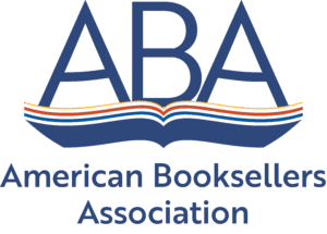 Logo of the American Booksellers Association (ABA), featuring large stylized letters "ABA" in blue above an open book graphic with layered pages in yellow, orange, red, and black. Below the book, the text "American Booksellers Association" is written in a clean, modern font.