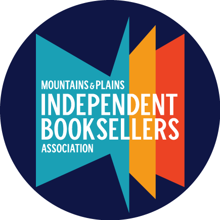 Logo of the Mountains & Plains Independent Booksellers Association. The design features a circular dark blue background with four overlapping geometric shapes in teal, light blue, orange, and red forming an abstract open book or mountain-like pattern. Overlaid white text reads: "Mountains & Plains Independent Booksellers Association."