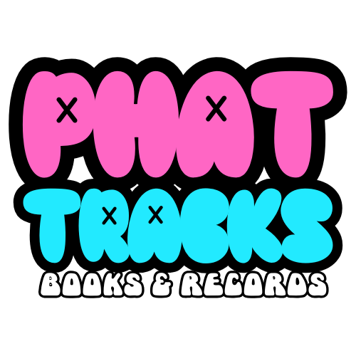 Phat Tracks Books & Records logo with "Phat" in pink, "Tracks" in blue, and "Books & Records" in white, all in a bold, bubbly font on a black background. The letters "A" in "Phat" and "Tracks" are stylized with X eyes.